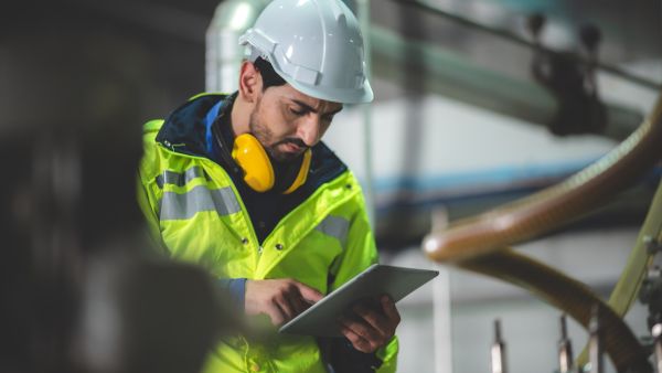 Colaborador checando procedimentos de segurança industrial antes de iniciar trabalho